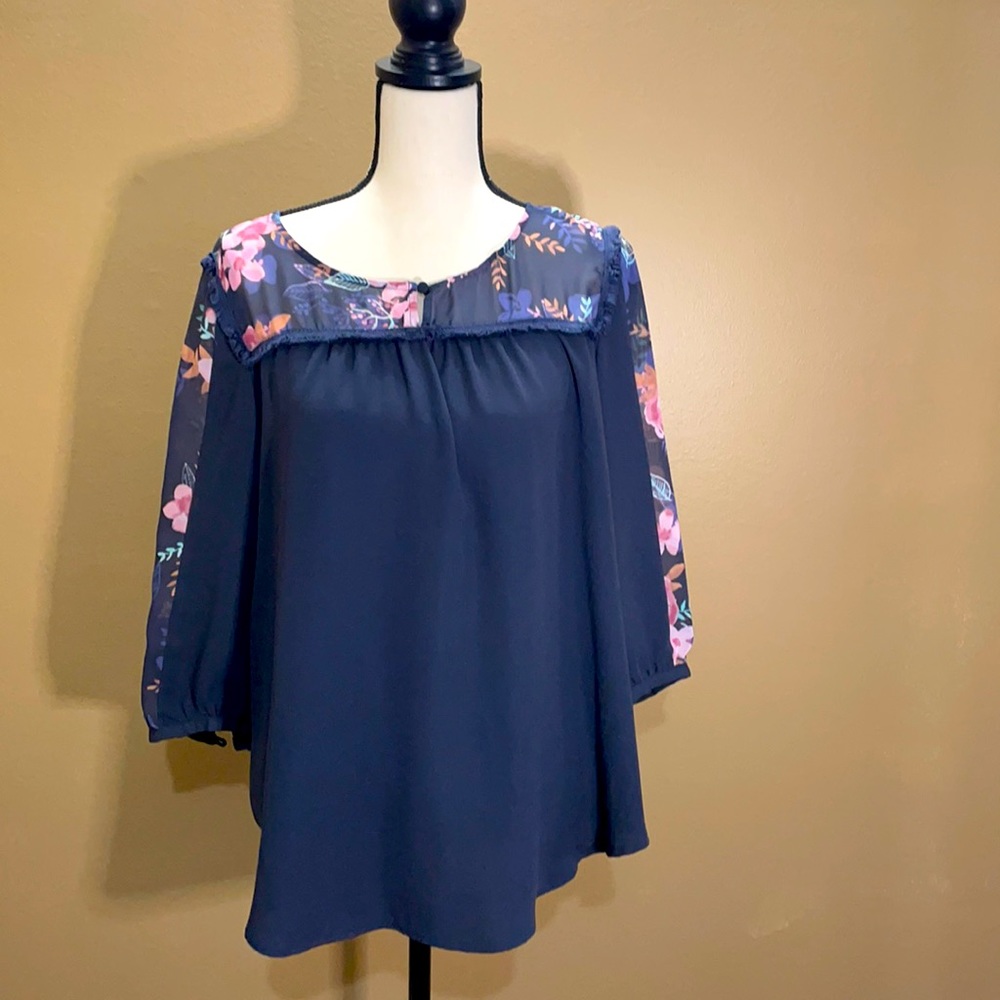 Sheer floral top with opaque purple torso